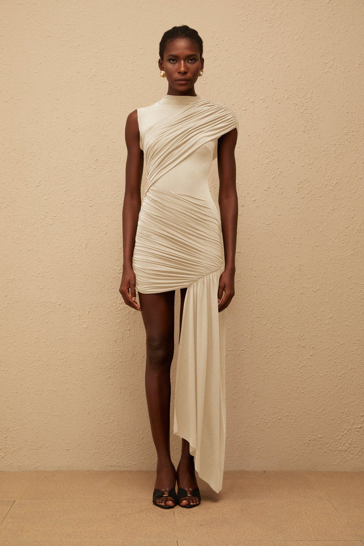 Aurohaya Fée Neutral Asymmetrical Ruched Mini Dress