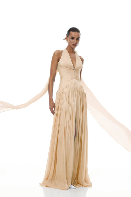 Aurohaya Térébenthine Neutral Glossy Gathered Maxi Dress