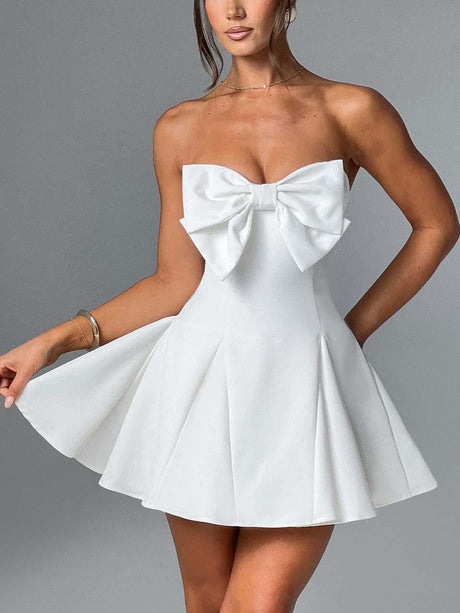 Aurohaya Elegant Strapless Sweet Bow Mini Dress White