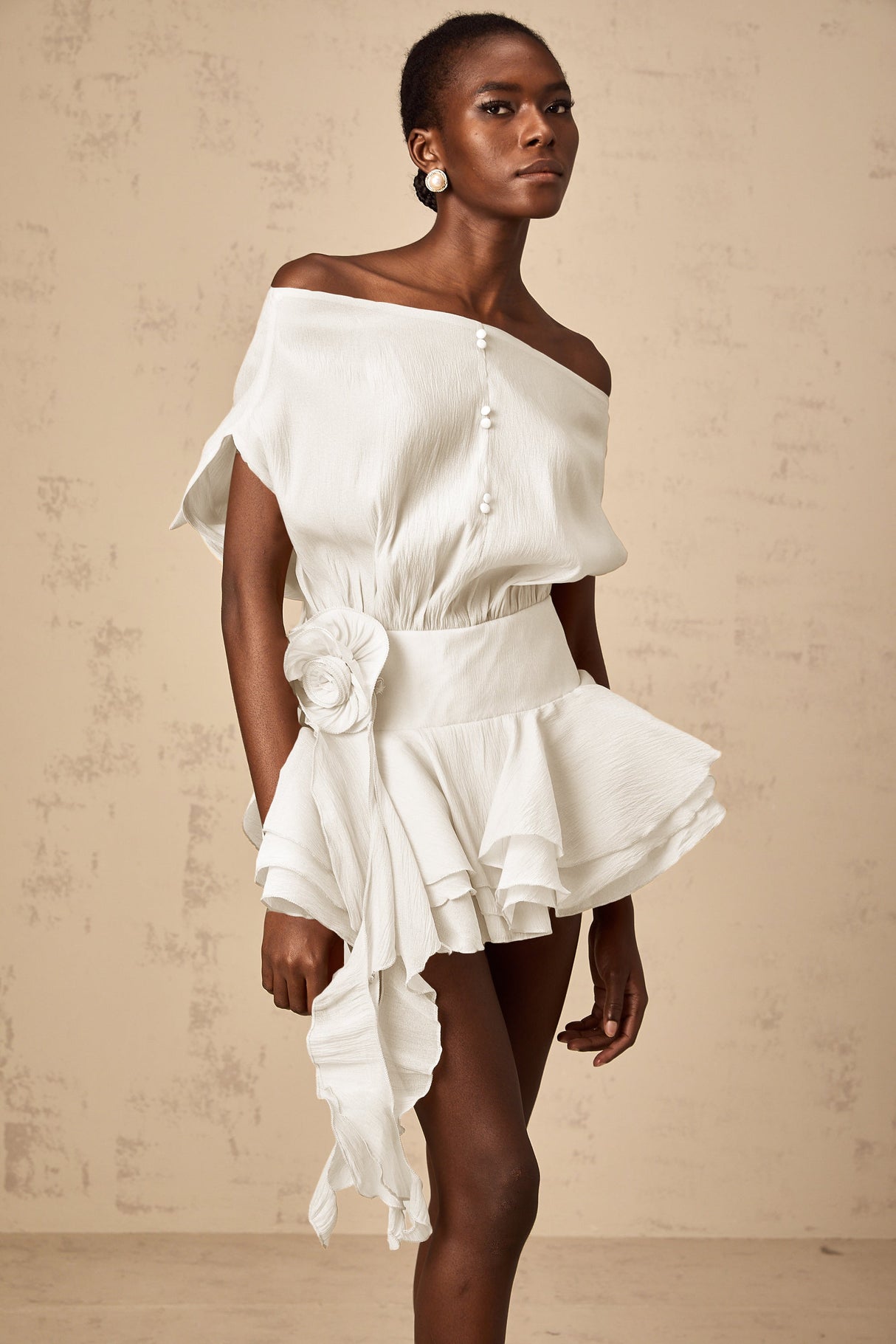 Aurohaya Amélie White Floral Appliqué Flounced Mini Dress