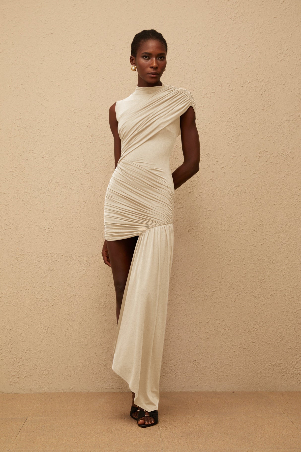 Aurohaya Fée Neutral Asymmetrical Ruched Mini Dress