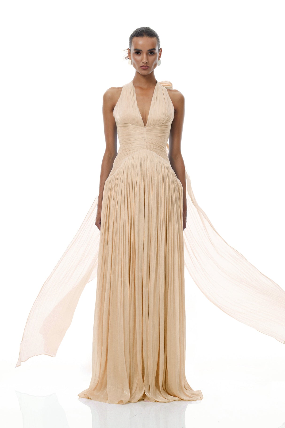 Aurohaya Térébenthine Neutral Glossy Gathered Maxi Dress