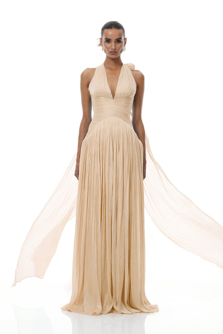 Aurohaya Térébenthine Neutral Glossy Gathered Maxi Dress