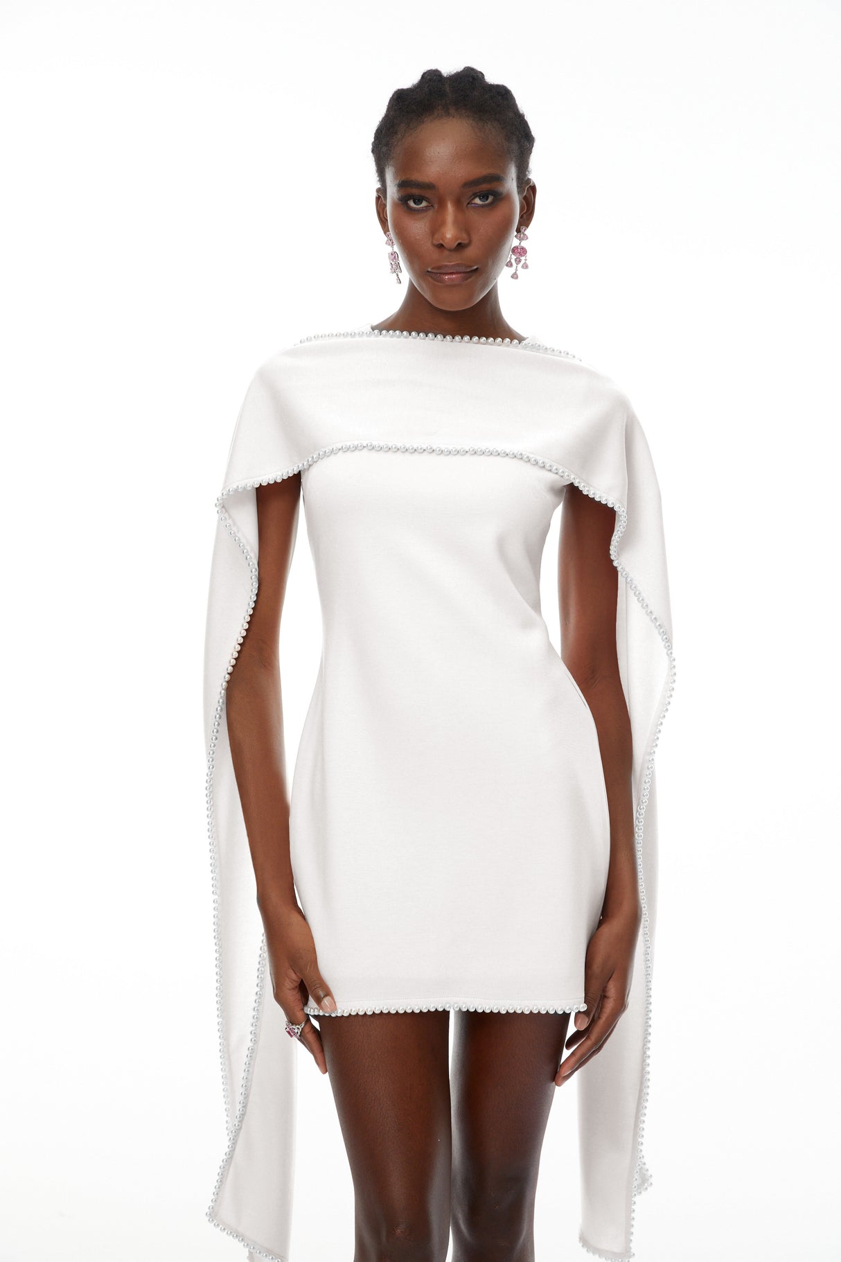 Aurohaya Piroska White Sleeveless Pearl Trim Mini Dress