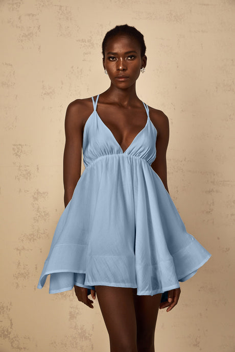 Aurohaya Quincie Blue Shirred Flounced Mini Dress