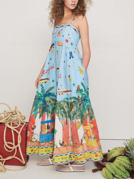 Aurohaya Unique Painted Island Print A-Line Midi Dress