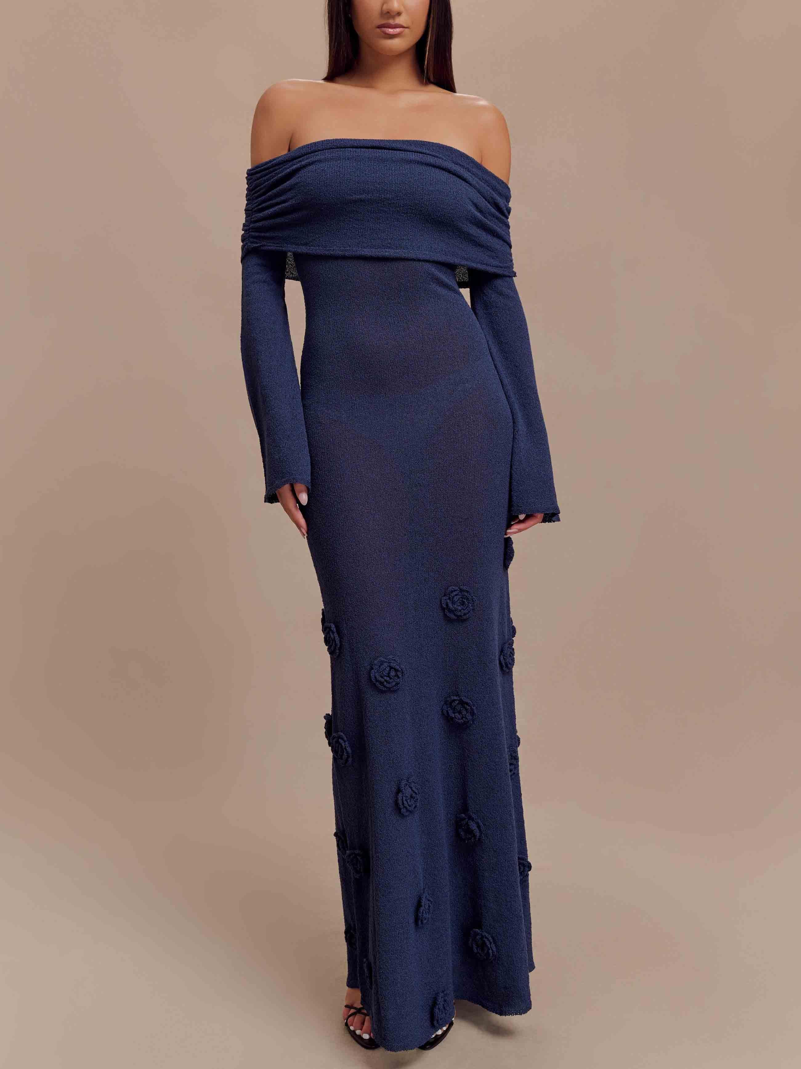 Aurohaya Elegant Off-shoulder Knitted Rose Maxi Dress Navy blue