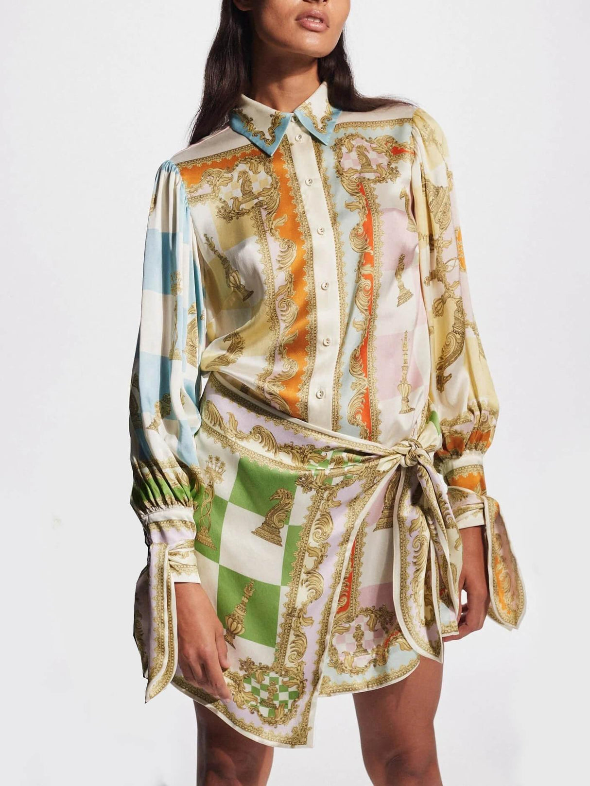 Aurohaya Unique Printed Irregular Knotted Mini Dress Multicolor
