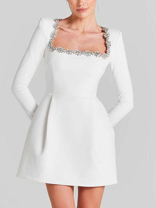 Aurohaya Elegant Square Neck Crystal Embellished Mini Dress