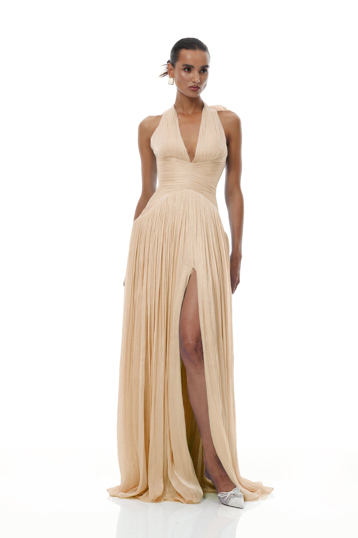 Aurohaya Térébenthine Neutral Glossy Gathered Maxi Dress