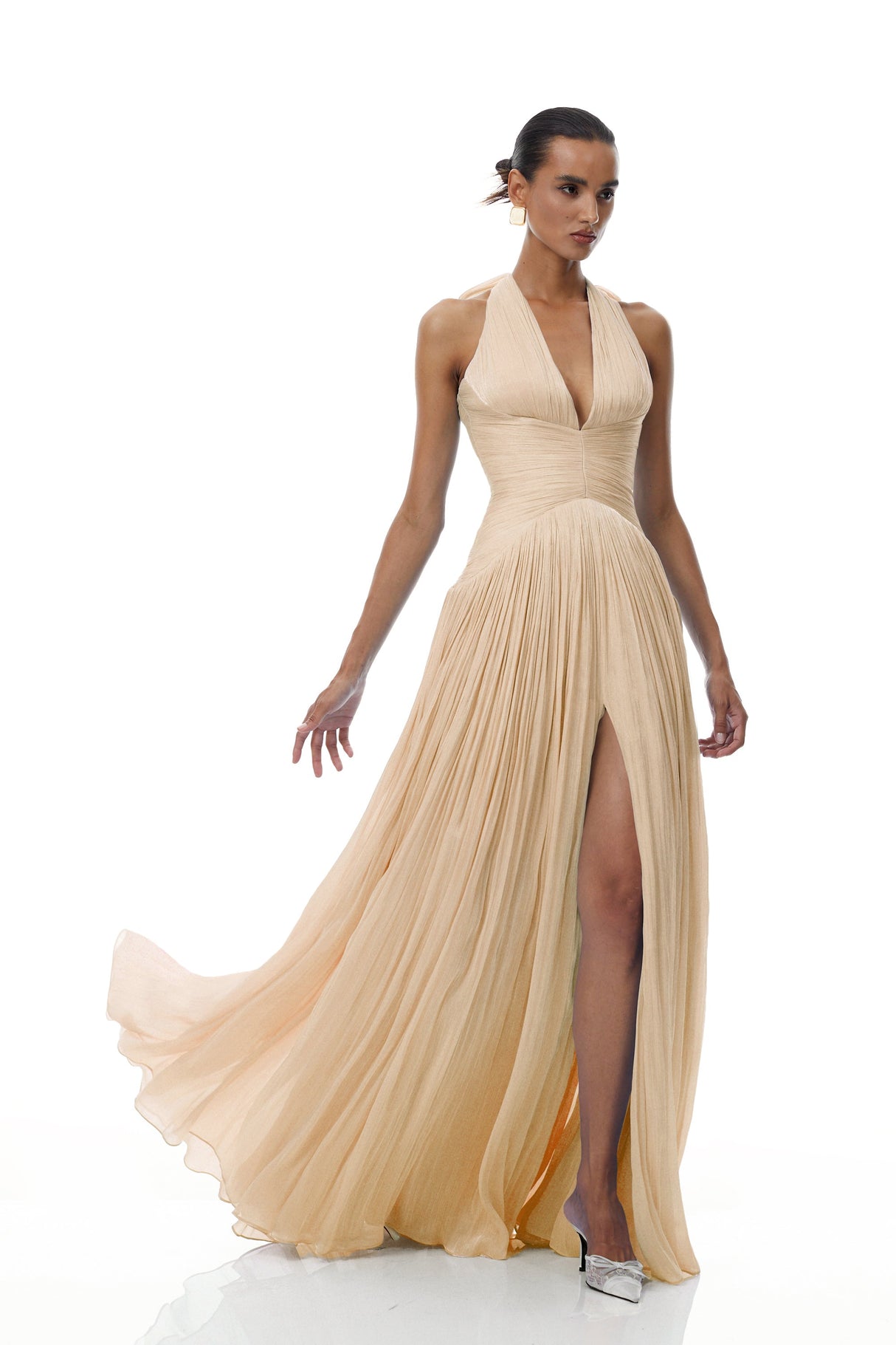 Aurohaya Térébenthine Neutral Glossy Gathered Maxi Dress
