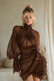 Jade Brown Ruched Tulle Mini Dress