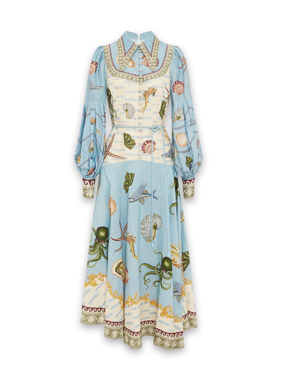 Aurohaya Unique Deep Sea Floral Print Single Breasted Midi Dress