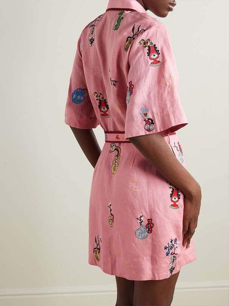 Aurohaya Casual Printed Shirt Collar Single-breasted Mini Dress