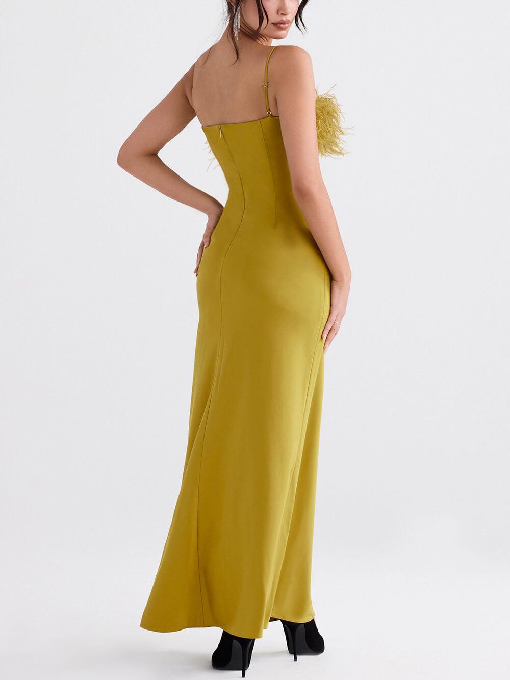 Aurohaya Delicate Satin Feather Neck Sling Midi Dress