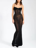 Aurohaya Elegant Leopard Print Mesh See-through Maxi Dress