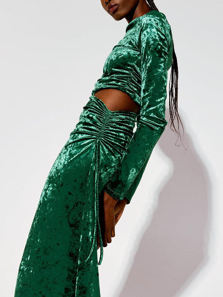 Aurohaya Modern Cutout Shirred Diamond Velvet Maxi Dress