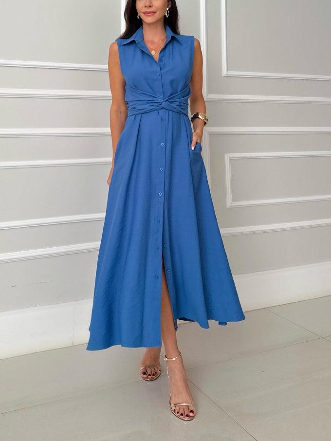 Aurohaya Unique Shirt Style Single-breasted Tie Midi Dress Blue