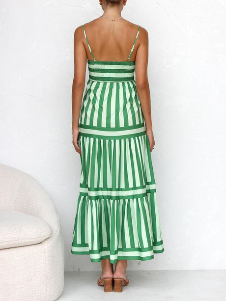 Aurohaya Suspender Open Back Striped Positioning Print Pocket Midi Dress