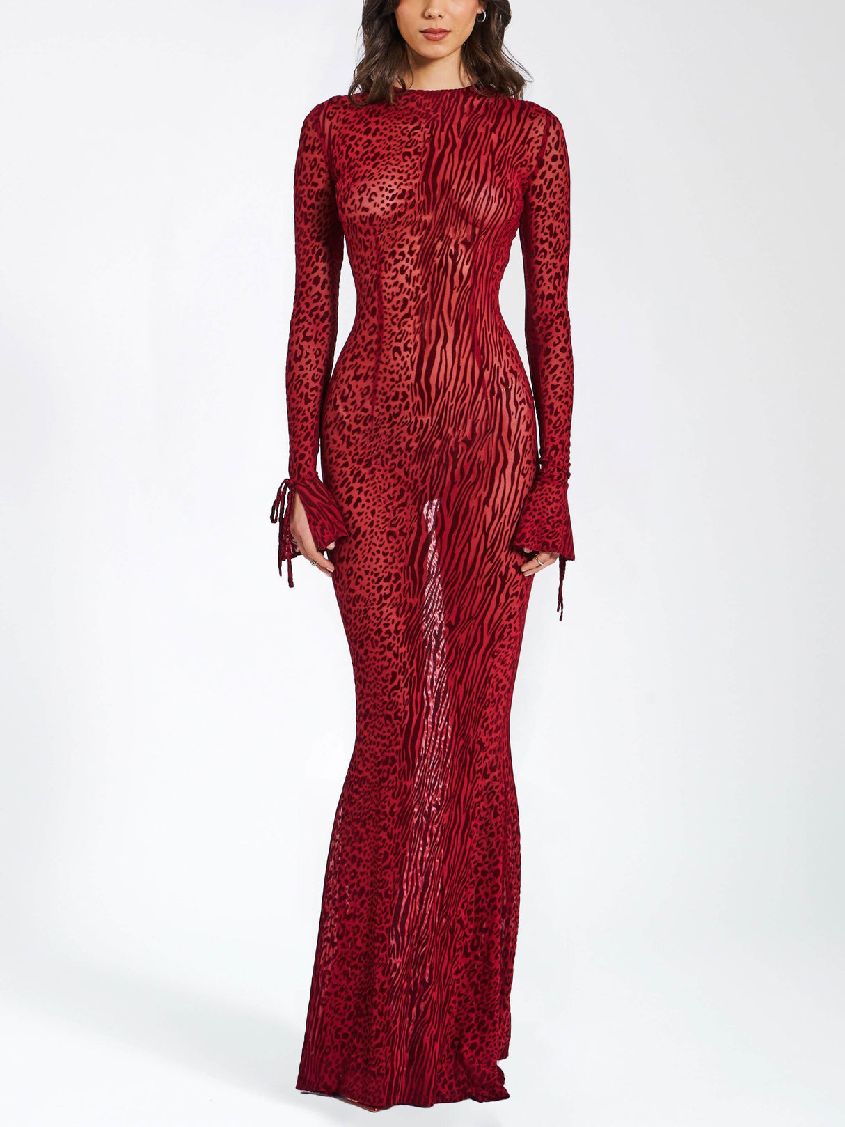 Aurohaya Exquisite Leopard Velvet Mesh Halter Maxi Dress Red