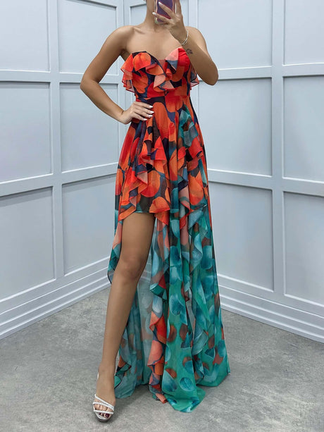 Aurohaya Gradient Print Irregular Ruffle Maxi Dress Orange