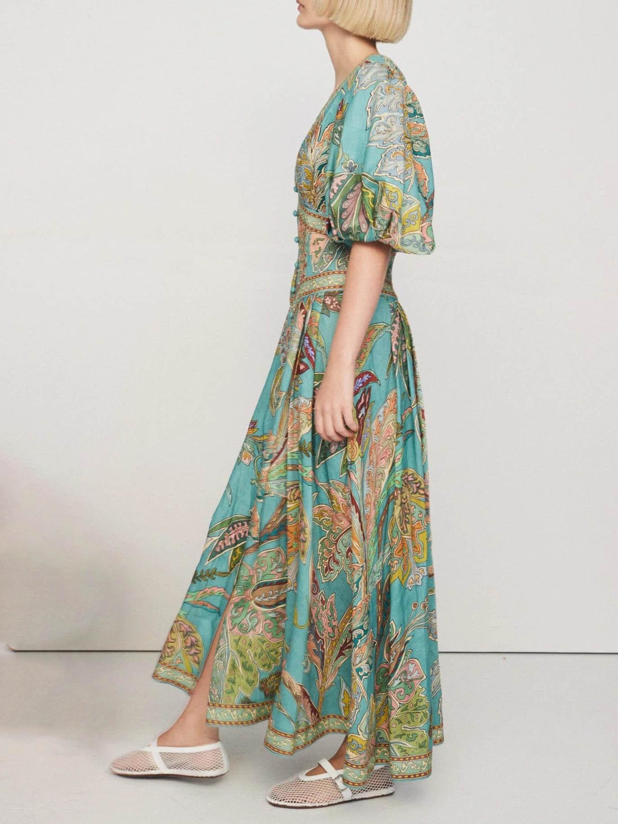 Aurohaya Unique Satin Vintage Floral Print Puff Sleeve Midi Dress