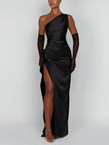 Aurohaya Satin Slit Maxi Dress Black