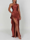 Aurohaya Satin Slit Maxi Dress Brown