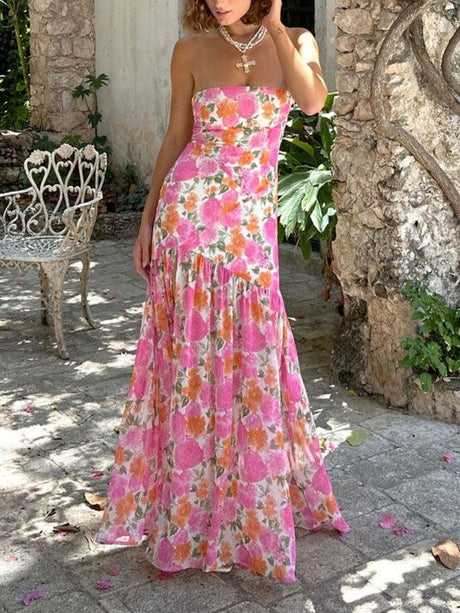 Aurohaya Romantic Strapless Floral Slit Maxi Dress