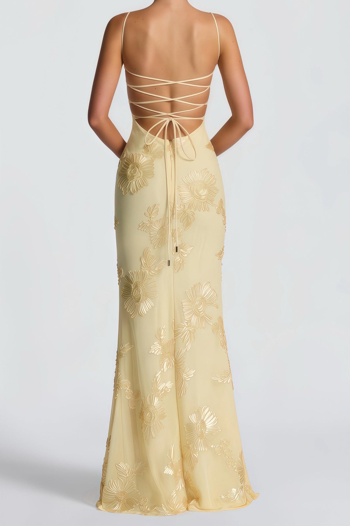 Aurohaya Théoline Yellow Floral Appliqué Corset Maxi Dress