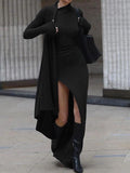 Aurohaya Unique knitted long sleeve sexy slit slim Maxi Dress Black