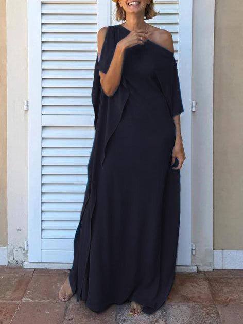 Aurohaya Elegant One-Shoulder Draped Maxi Dress Dark Blue