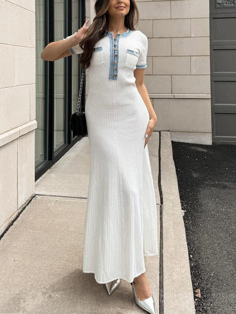 Aurohaya Fashion Denim Patchwork Knitted Tight Maxi Dress White