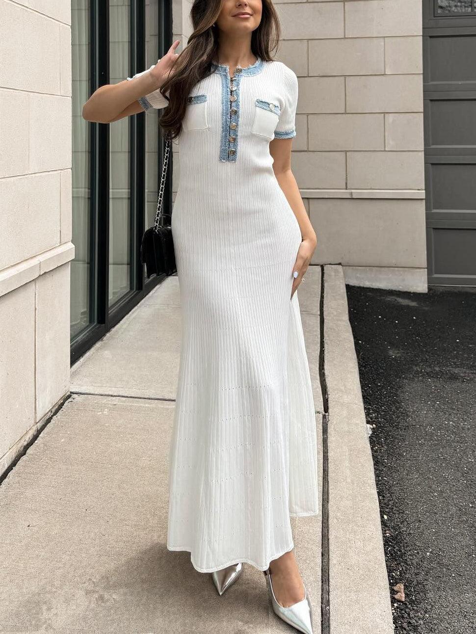 Aurohaya Fashion Denim Patchwork Knitted Tight Maxi Dress White