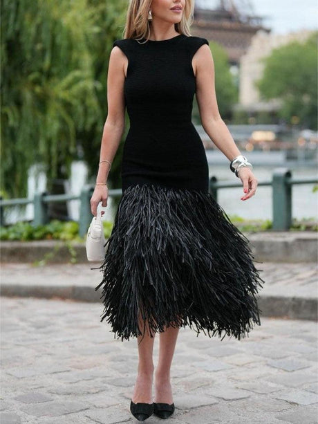 Aurohaya Elegant Raffia Fringed Midi Dress