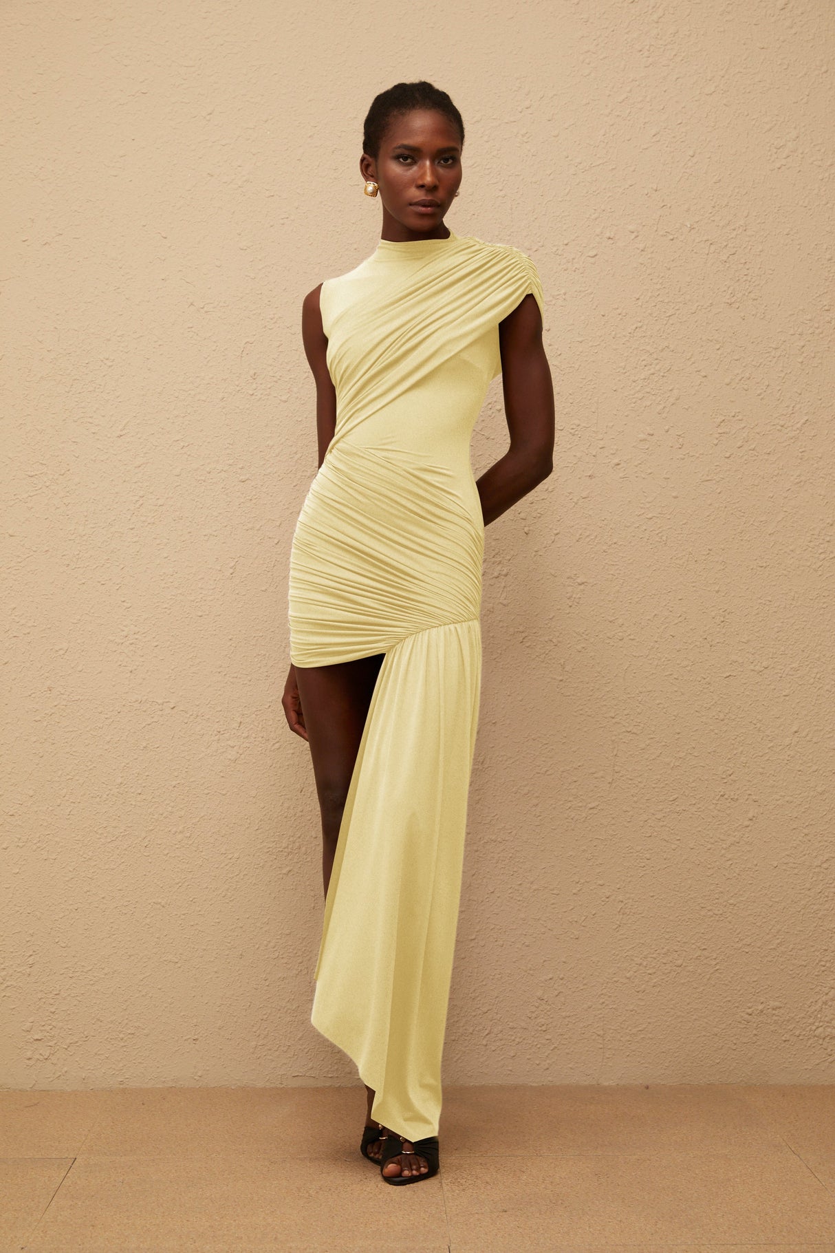 Aurohaya Fée Yellow Asymmetrical Ruched Mini Dress
