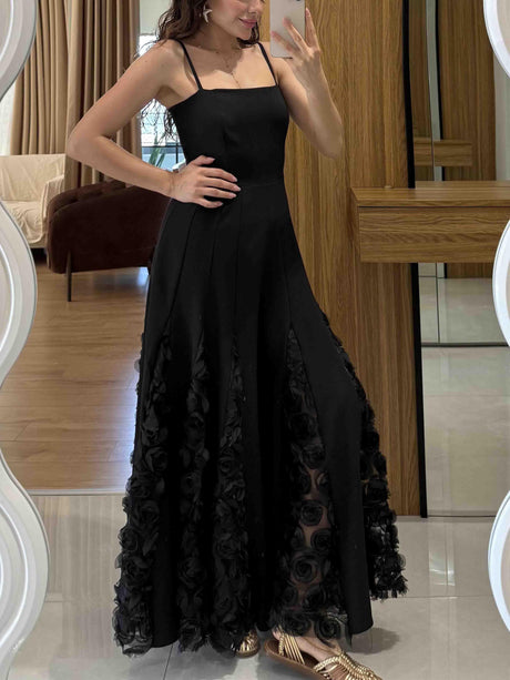 Aurohaya Elegant Rose Floral Applique Spaghetti Strap Midi Dress