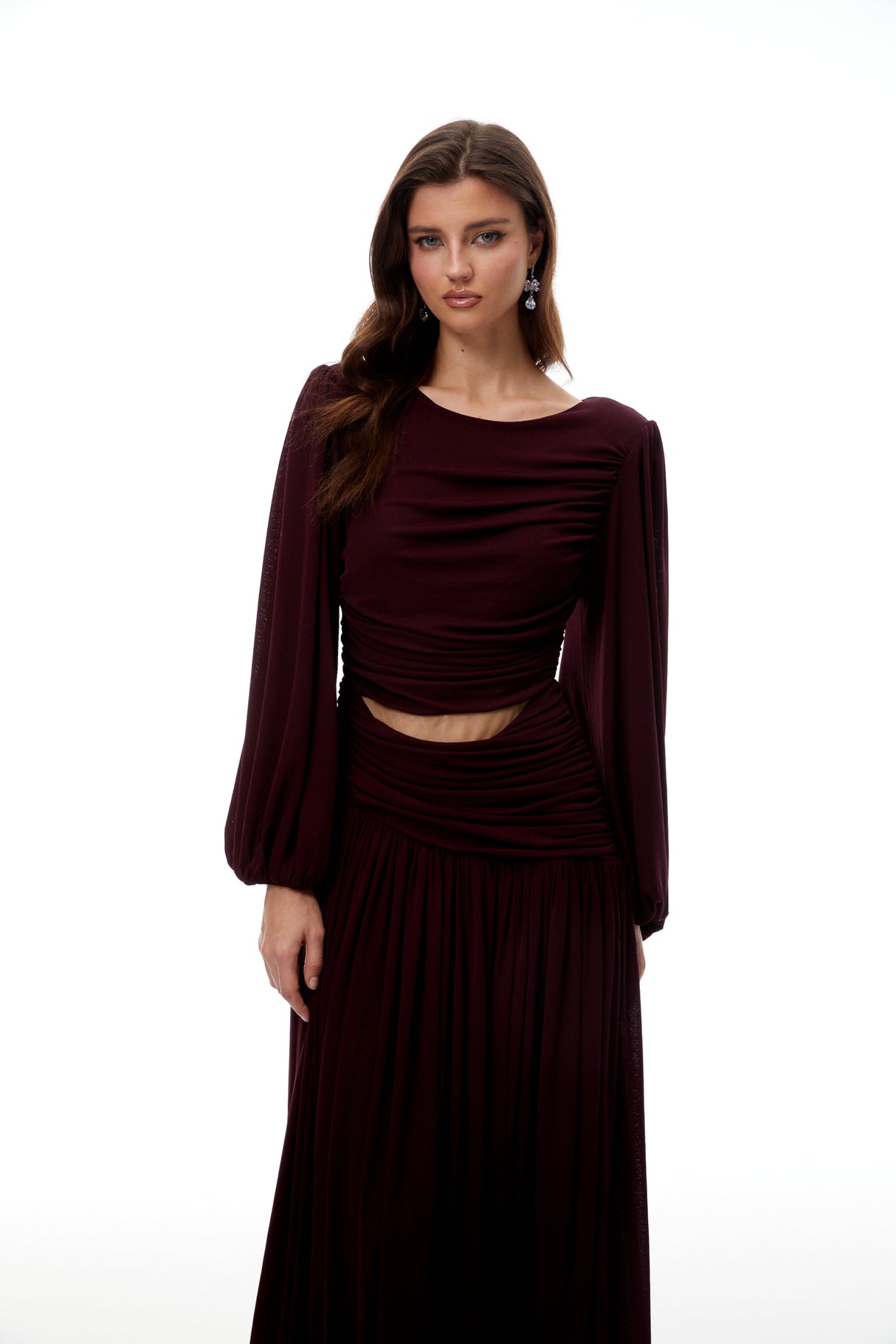 Aurohaya Fiorella Burgundy Cut Out Gathered Midi Dress
