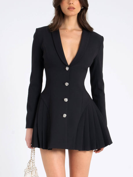 Aurohaya Elegant Deep V-neck Pleated Mini Dress Black