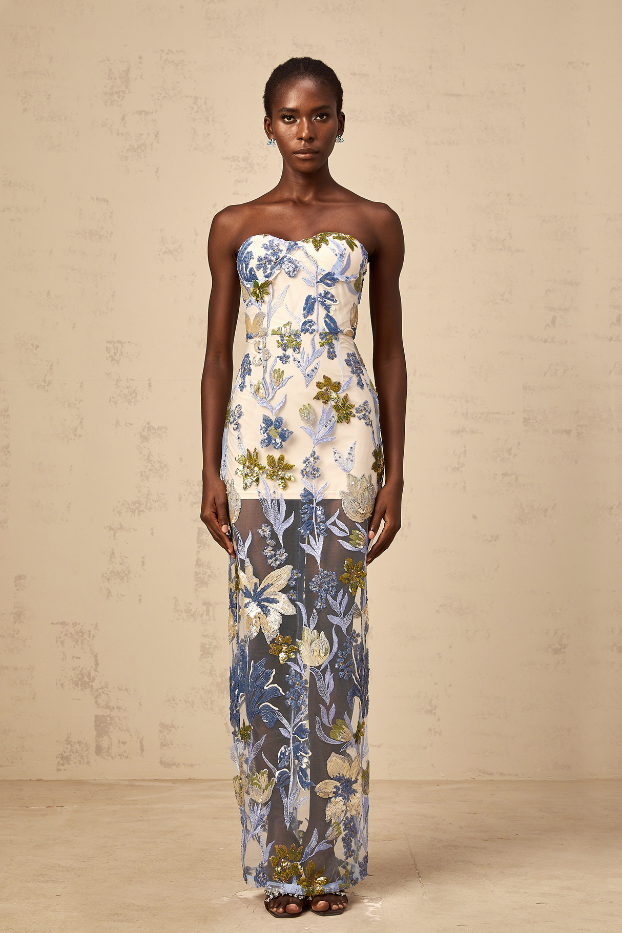 Aurohaya Patricia blue sequined flower-embroidered corset tulle maxi dress