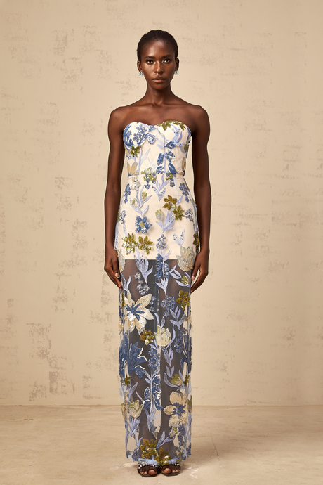 Aurohaya Patricia blue sequined flower-embroidered corset tulle maxi dress