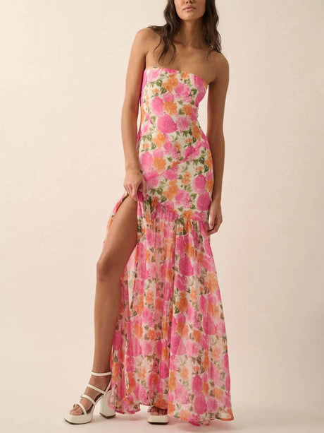 Aurohaya Romantic Strapless Floral Slit Maxi Dress