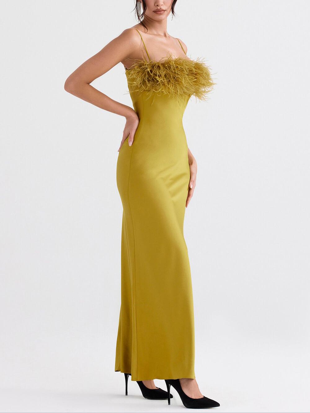 Aurohaya Delicate Satin Feather Neck Sling Midi Dress