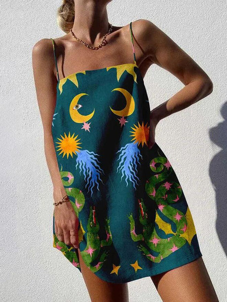 Aurohaya Unique Printed Spaghetti Strap Backless Mini Dress Dark Green