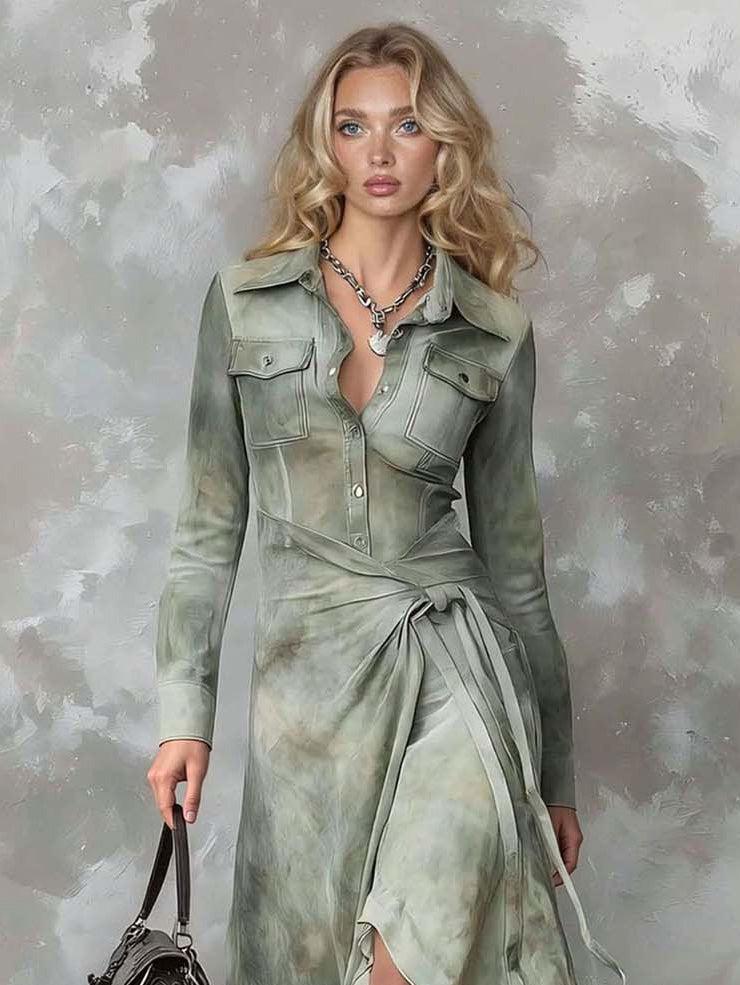 Aurohaya Retro Tie-Dye Print Shirt Collar Maxi Dress