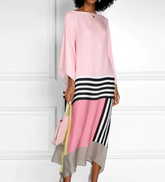 Aurohaya Unique Satin Striped Contrast Bat Sleeve Midi Dress Pink