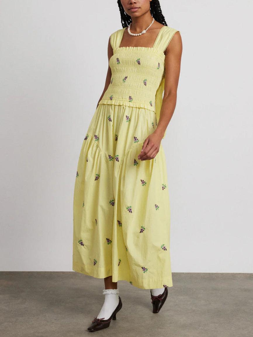 Aurohaya Vintage Floral Square Neck A-Line Midi Dress