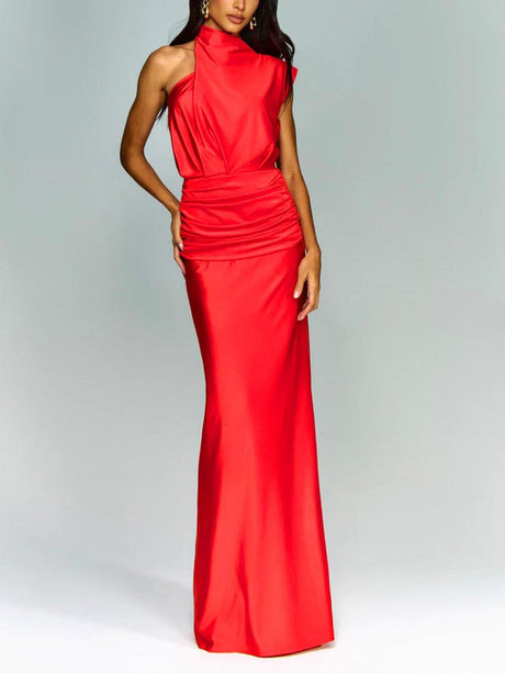 Aurohaya Elegant Asymmetric Neckline Pleated Party Maxi Dress Red
