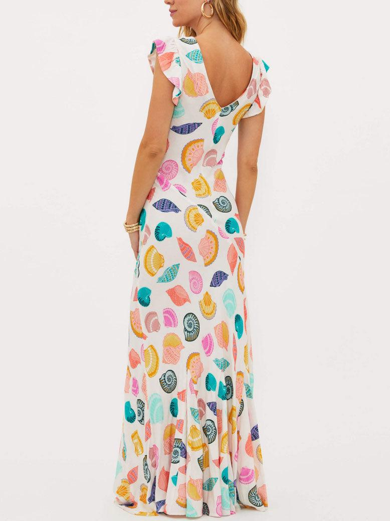 Aurohaya Exquisite Ocean Shell Print V-Neck Maxi Dress