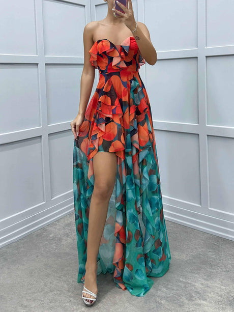 Aurohaya Gradient Print Irregular Ruffle Maxi Dress